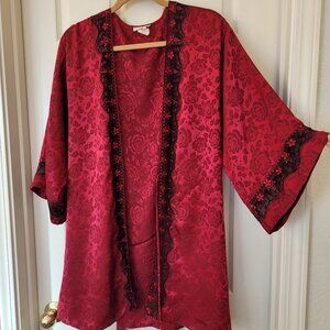 Vintage LINDA RETRO moulin rouge red satiny robe with black lace and rose detail